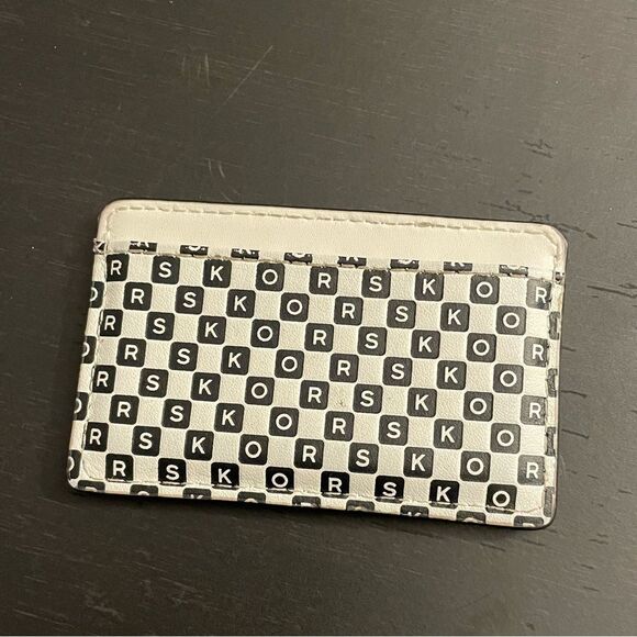 Michael Kors Black and White Checker Monogram Card Case Silver Logo Wallet - Picture 2 of 5